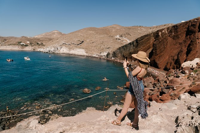 Archaeological Bus Tour to Akrotiri Excavations & Red Beach - Red Beach from above: the colorful photos come with a walk