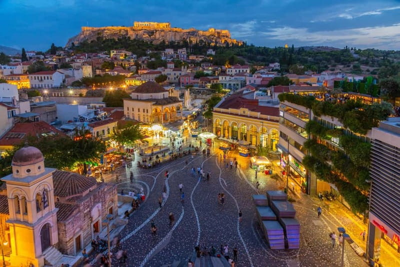 Athens by Night: Social Walking Tour to Meet, Connect, & Explore - Monastiraki finale: ruins, lively streets, and the last big view