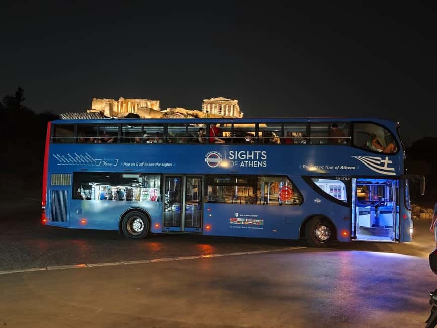 Athens panoramic tour by night with open double decker bus - Acropolis and Parthenon glowing under the stars