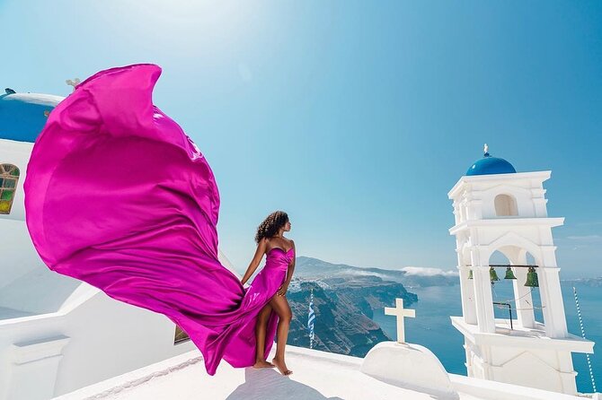 Exclusive Santorini Flying Dress Photoshoot with Pickup - Pickup, timing, and why the 9-seater matters