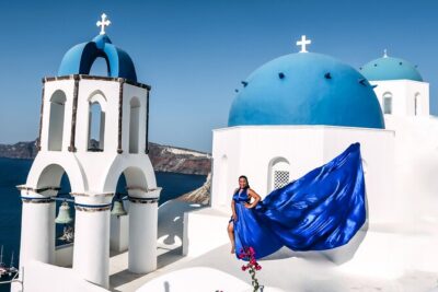 Exclusive Santorini Flying Dress Photoshoot with Pickup