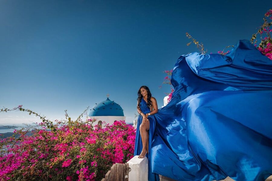 Flying dress Photoshoot in Santorini with Hotel Pickup - Private Pickup in a Suitcase-Friendly Island Rhythm