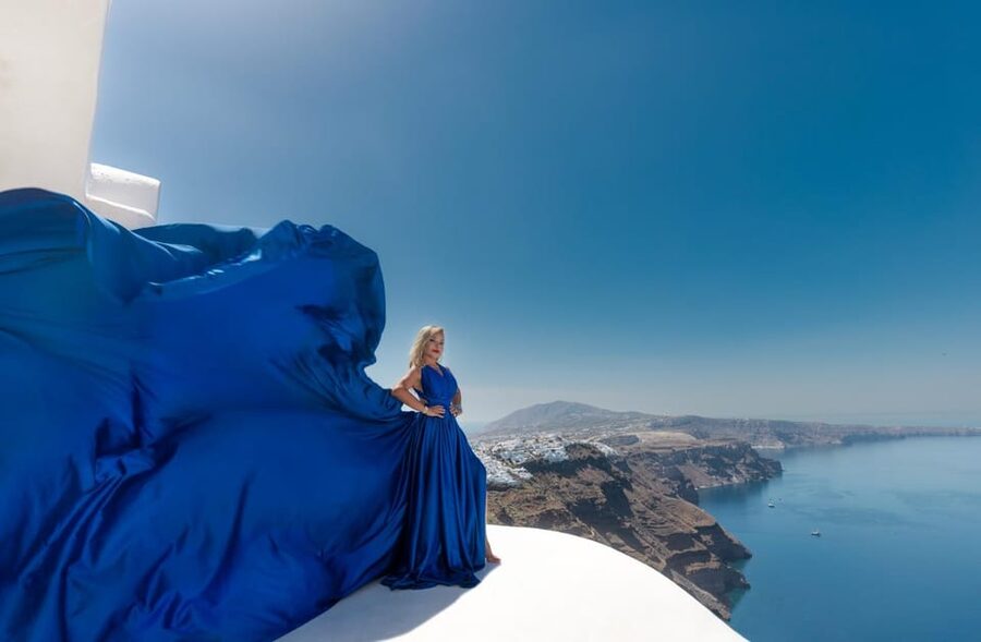 Flying dress Photoshoot in Santorini with Hotel Pickup - The Fira Stop for Photos, Sightseeing, and Sunset Time