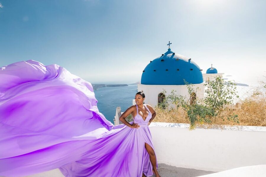 Flying dress Photoshoot in Santorini with Hotel Pickup - What You Get Back: Raw Files, Edited Photos, and Social Videos