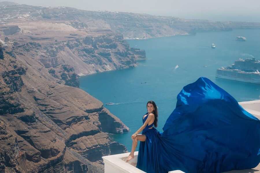 Flying dress Photoshoot in Santorini with Hotel Pickup - Price and Value: Why $141 Can Make Sense in Santorini