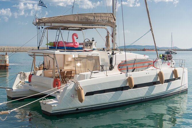 Hersonissos: Luxury Sunset Catamaran Cruise Sushi & Open Bar - The DanEri Yachts catamaran comfort: sunbeds, shade, and useful extras