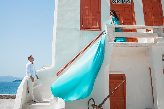 Private Flying Dress Photoshoot in Mikonos - Ancient Ruins, Bougainvillea Street, and Traditional Town Views