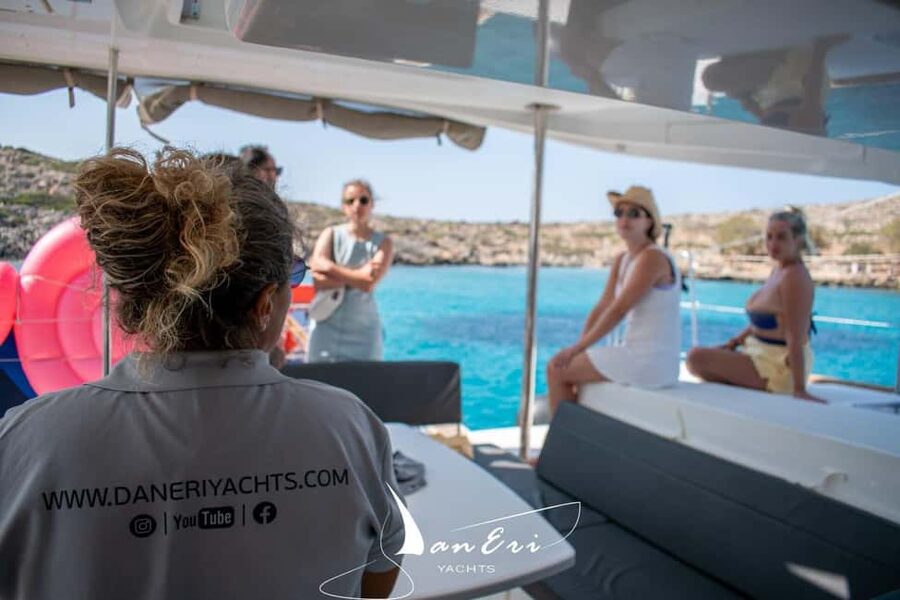 Rethymno Premium Catamaran Cruise: Healthy Lunch & Open Bar - Entering Rethymno Marina With a Floating Beach Club Feel