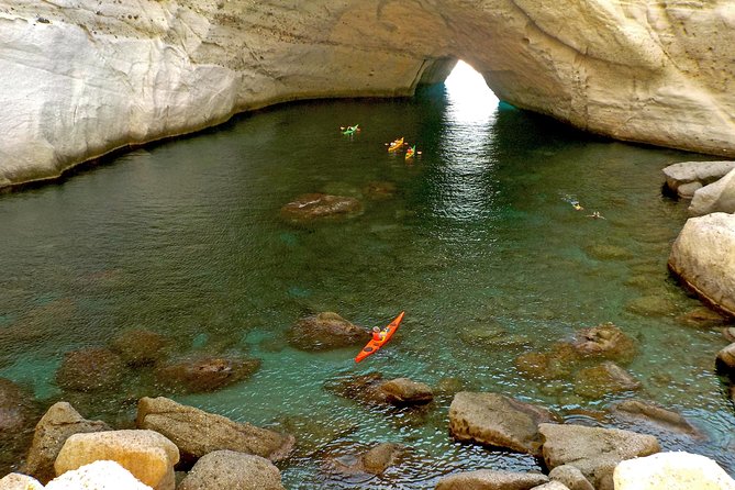 Round of Milos and Poliegos Sailing boat snorkelling cruise - Gerakas Beach and lunch: the meal stop on emerald perlite sand
