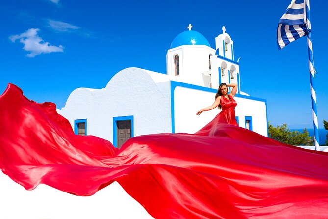 Santorini 2h Private Flying Dress Photoshoot with Transportation - Oia stop: blue domes, caldera views, and the sun factor