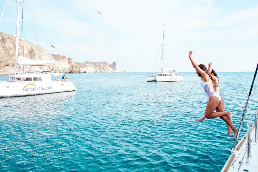 Santorini: Catamaran Tour with BBQ Meal and Unlimited Drinks - What to bring, and what can change during the day