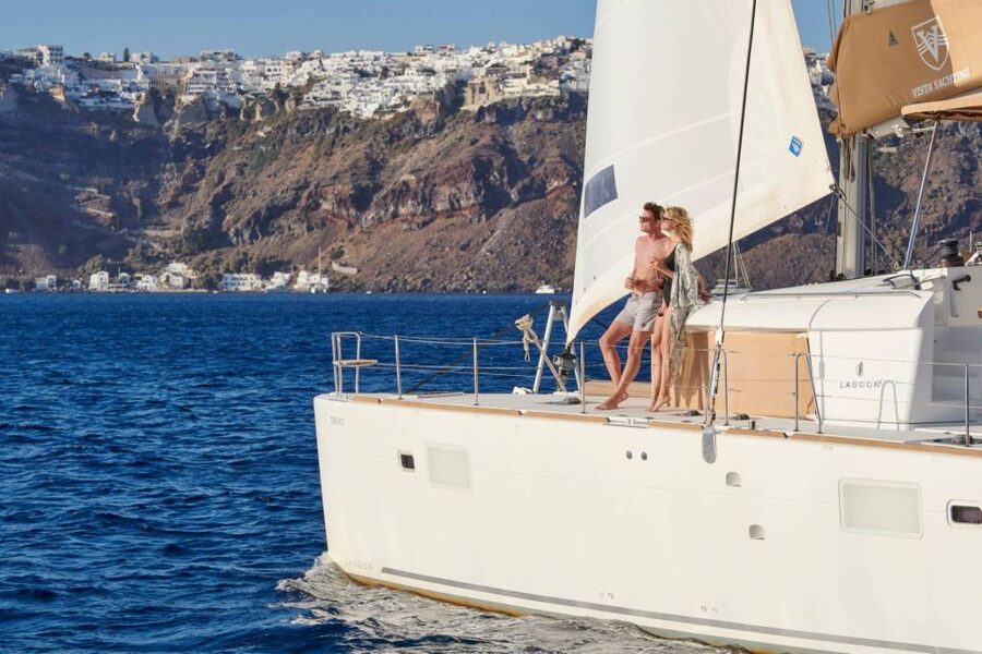 Santorini Gold Catamaran Cruise with Snorkel, BBQ & Open Bar - The start of the day: pickup, safety, and an easy welcome