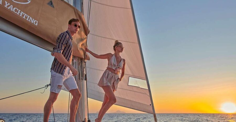 Santorini Gold Catamaran Cruise with Snorkel, BBQ & Open Bar - White Beach and the Venetian lighthouse: the view stop that adds meaning